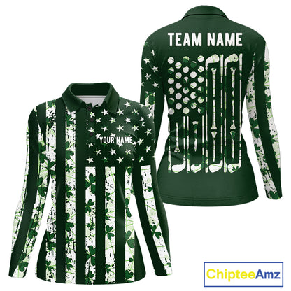 Custom American Flag Green Shamrock Womens Golf Polo Shirt St Patrick Golf Team Shirt NYN4223