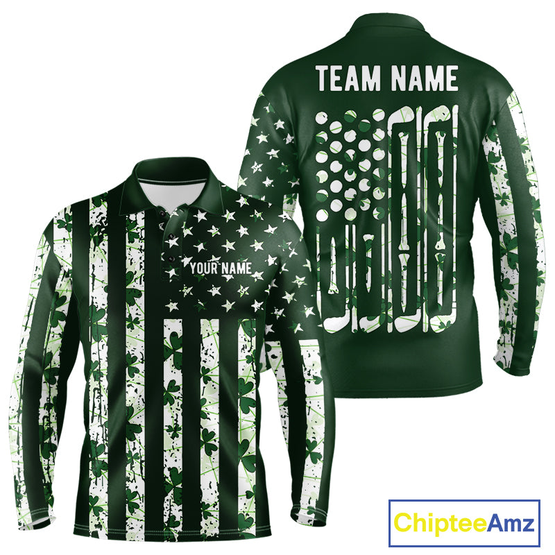 Custom American Flag Green Shamrock Mens Golf Polo Shirt St Patrick Golf Team Shirt NYN4223