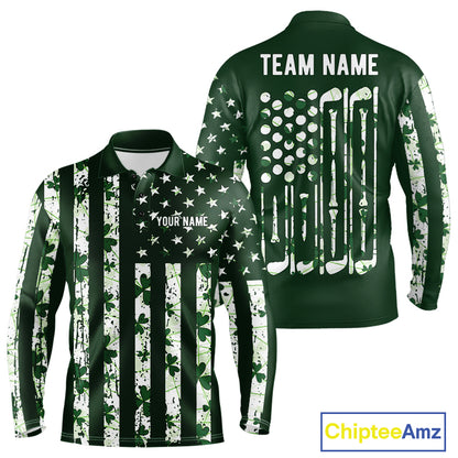 Custom American Flag Green Shamrock Mens Golf Polo Shirt St Patrick Golf Team Shirt NYN4223