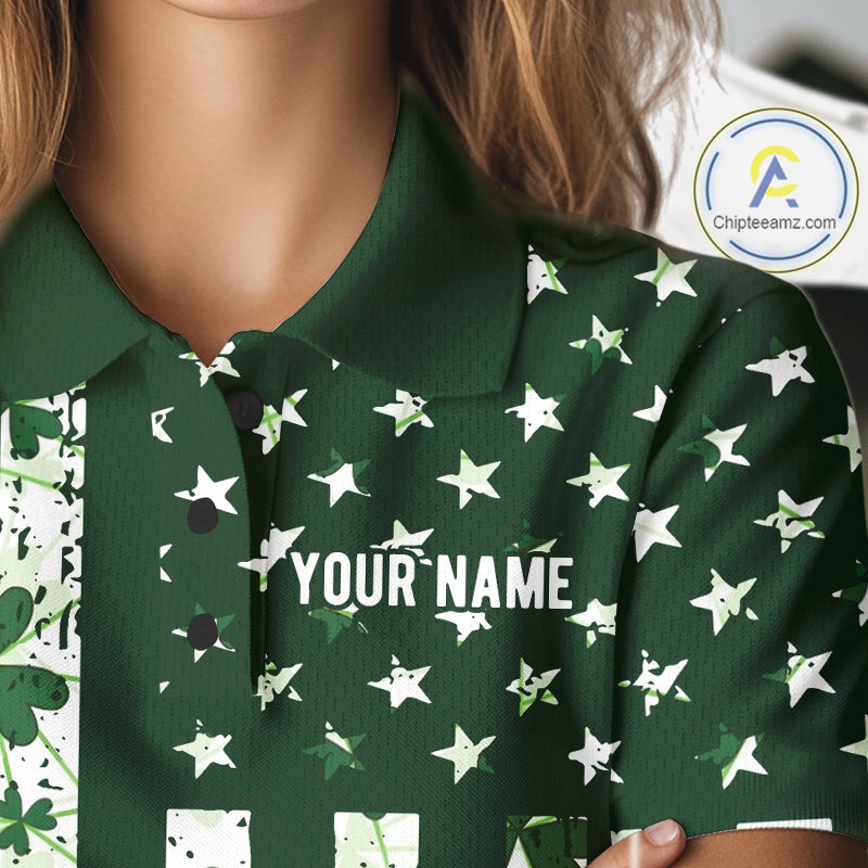 Custom American Flag Green Shamrock Womens Golf Polo Shirt St Patrick Golf Team Shirt NYN4223