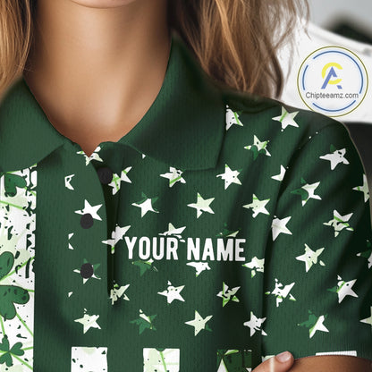 Custom American Flag Green Shamrock Womens Golf Polo Shirt St Patrick Golf Team Shirt NYN4223