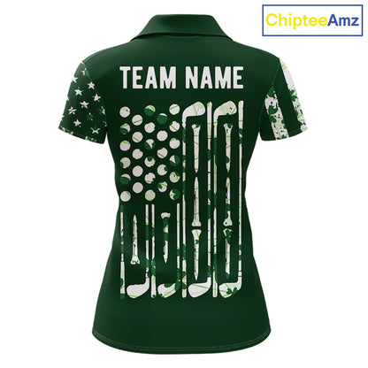 Custom American Flag Green Shamrock Womens Golf Polo Shirt St Patrick Golf Team Shirt NYN4223