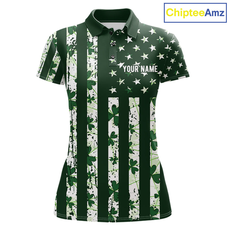 Custom American Flag Green Shamrock Womens Golf Polo Shirt St Patrick Golf Team Shirt NYN4223