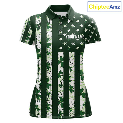 Custom American Flag Green Shamrock Womens Golf Polo Shirt St Patrick Golf Team Shirt NYN4223