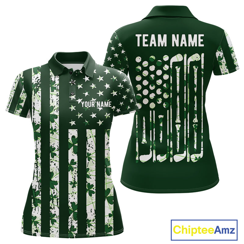 Custom American Flag Green Shamrock Womens Golf Polo Shirt St Patrick Golf Team Shirt NYN4223