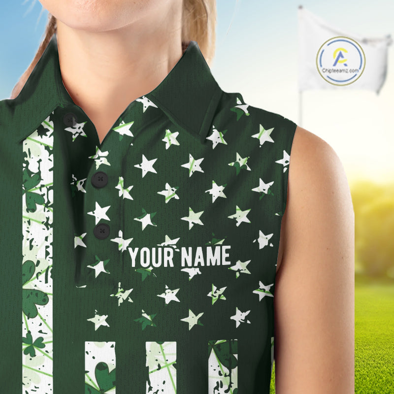 Custom American Flag Green Shamrock Womens Golf Sleeveless Polo Shirt St Patrick Golf Team Shirt NYN4223