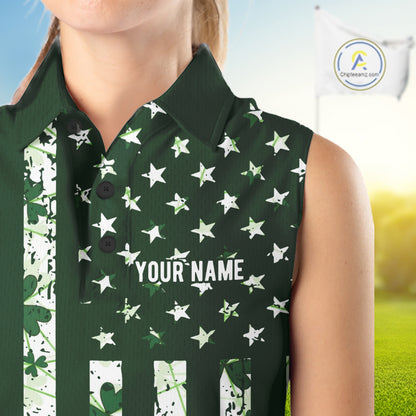 Custom American Flag Green Shamrock Womens Golf Sleeveless Polo Shirt St Patrick Golf Team Shirt NYN4223