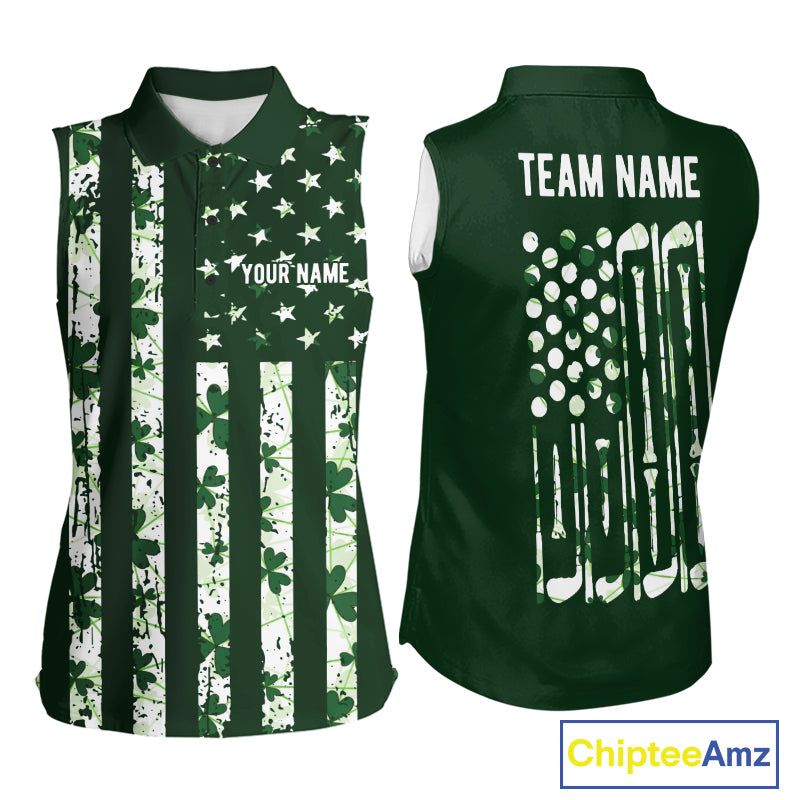 Custom American Flag Green Shamrock Womens Golf Sleeveless Polo Shirt St Patrick Golf Team Shirt NYN4223