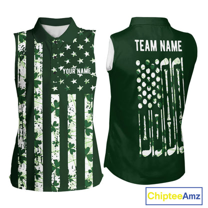 Custom American Flag Green Shamrock Womens Golf Sleeveless Polo Shirt St Patrick Golf Team Shirt NYN4223