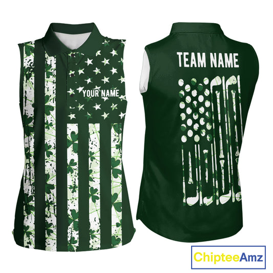 Custom American Flag Green Shamrock Womens Golf Sleeveless Polo Shirt St Patrick Golf Team Shirt NYN4223