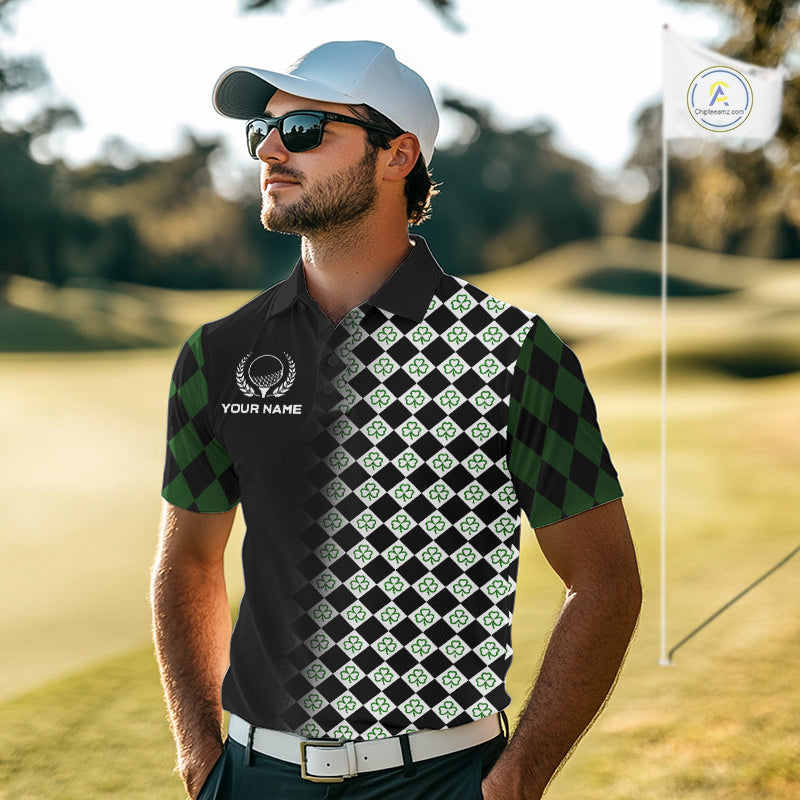 Custom Black & Green Argyle Pattern Shamrock Golf Polo Shirt For Men St Patrick Golf Team Shirt NYN4224