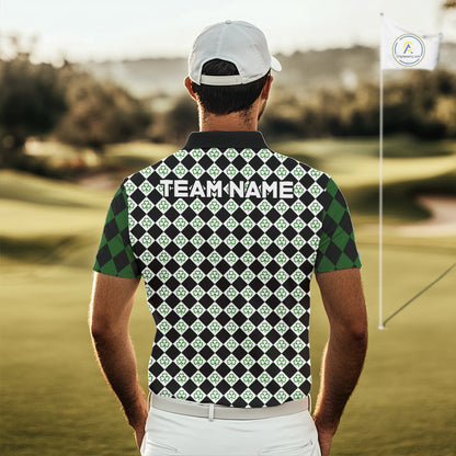 Custom Black & Green Argyle Pattern Shamrock Golf Polo Shirt For Men St Patrick Golf Team Shirt NYN4224