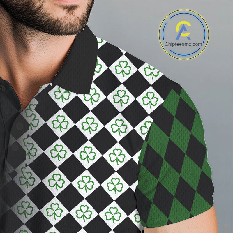 Custom Black & Green Argyle Pattern Shamrock Golf Polo Shirt For Men St Patrick Golf Team Shirt NYN4224