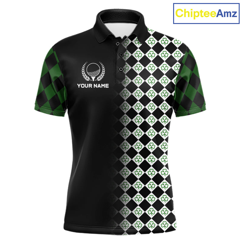 Custom Black & Green Argyle Pattern Shamrock Golf Polo Shirt For Men St Patrick Golf Team Shirt NYN4224