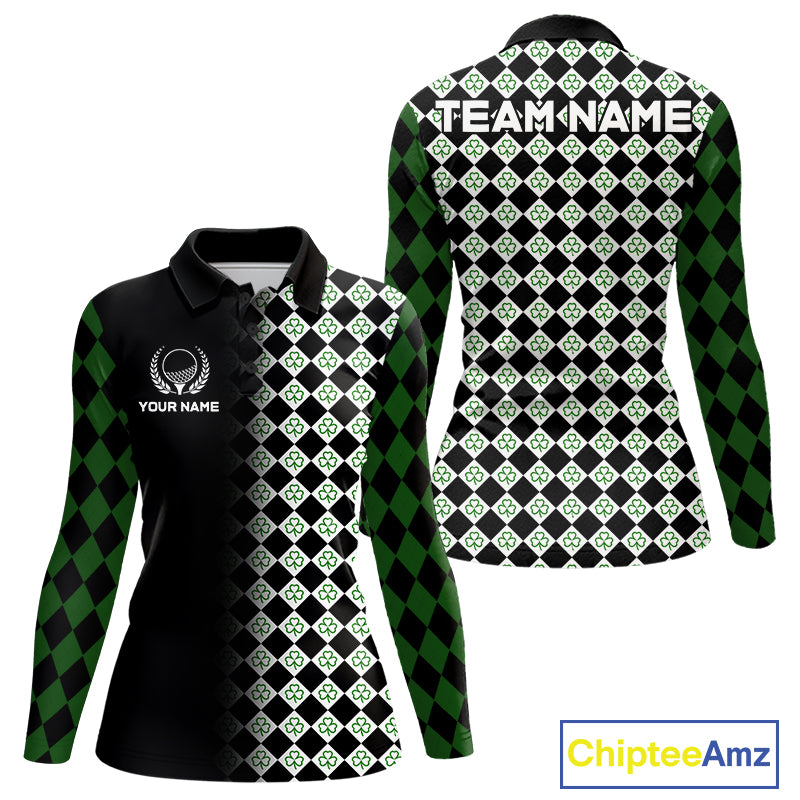 Custom Black & Green Argyle Pattern Shamrock Golf Polo Shirt For Women St Patrick Golf Team Shirt NYN4224