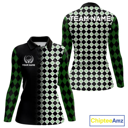 Custom Black & Green Argyle Pattern Shamrock Golf Polo Shirt For Women St Patrick Golf Team Shirt NYN4224