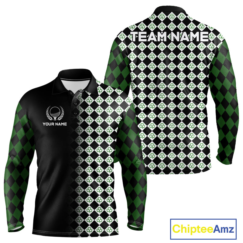 Custom Black & Green Argyle Pattern Shamrock Golf Polo Shirt For Men St Patrick Golf Team Shirt NYN4224