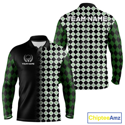 Custom Black & Green Argyle Pattern Shamrock Golf Polo Shirt For Men St Patrick Golf Team Shirt NYN4224