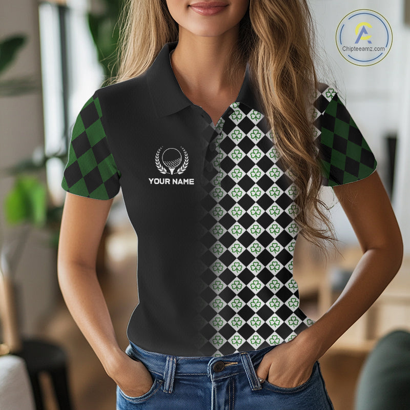 Custom Black & Green Argyle Pattern Shamrock Golf Polo Shirt For Women St Patrick Golf Team Shirt NYN4224