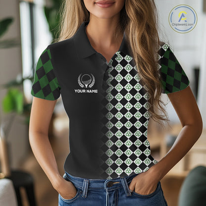 Custom Black & Green Argyle Pattern Shamrock Golf Polo Shirt For Women St Patrick Golf Team Shirt NYN4224