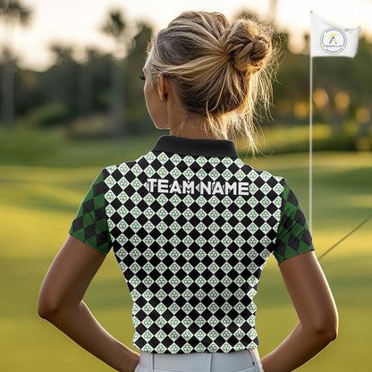 Custom Black & Green Argyle Pattern Shamrock Golf Polo Shirt For Women St Patrick Golf Team Shirt NYN4224