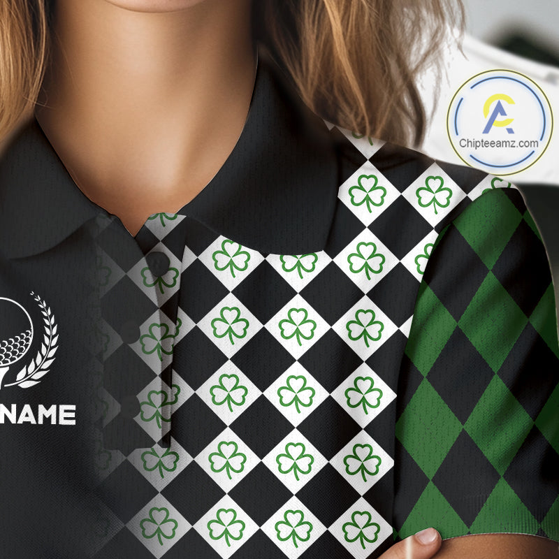 Custom Black & Green Argyle Pattern Shamrock Golf Polo Shirt For Women St Patrick Golf Team Shirt NYN4224