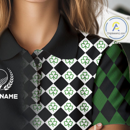Custom Black & Green Argyle Pattern Shamrock Golf Polo Shirt For Women St Patrick Golf Team Shirt NYN4224