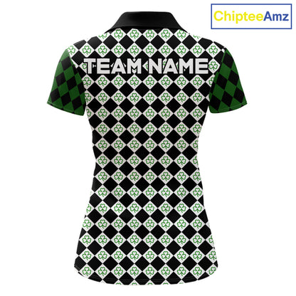 Custom Black & Green Argyle Pattern Shamrock Golf Polo Shirt For Women St Patrick Golf Team Shirt NYN4224