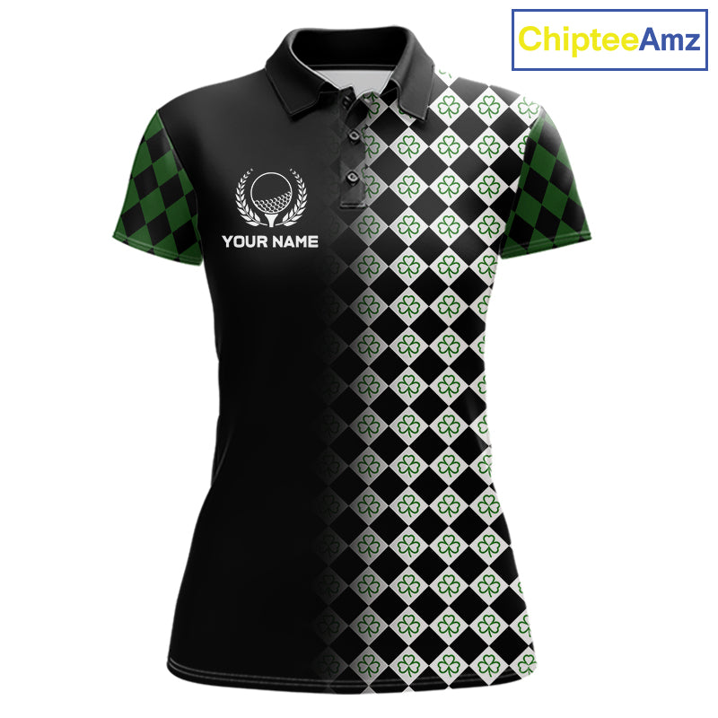 Custom Black & Green Argyle Pattern Shamrock Golf Polo Shirt For Women St Patrick Golf Team Shirt NYN4224