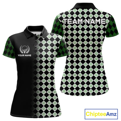 Custom Black & Green Argyle Pattern Shamrock Golf Polo Shirt For Women St Patrick Golf Team Shirt NYN4224