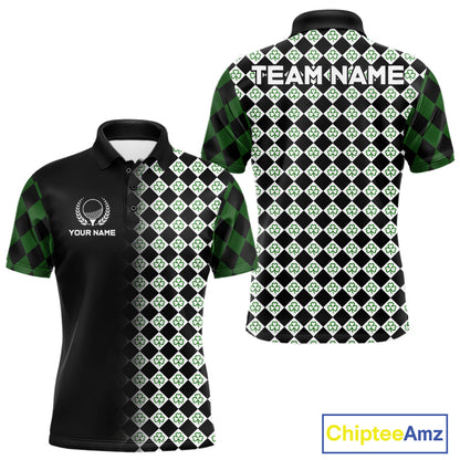 Custom Black & Green Argyle Pattern Shamrock Golf Polo Shirt For Men St Patrick Golf Team Shirt NYN4224
