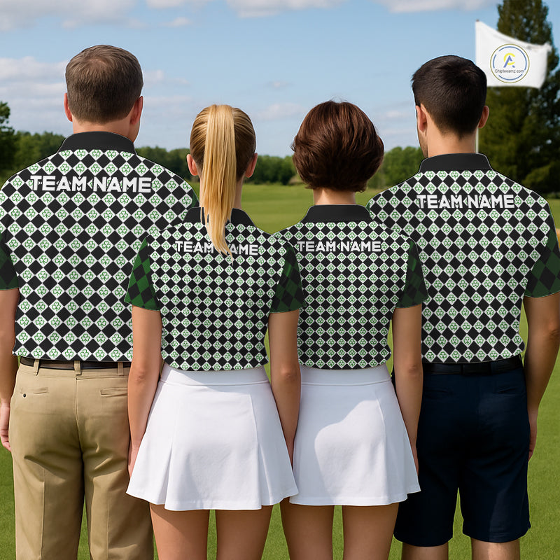 Custom Black & Green Argyle Pattern Shamrock Golf Polo Shirt For Men St Patrick Golf Team Shirt NYN4224