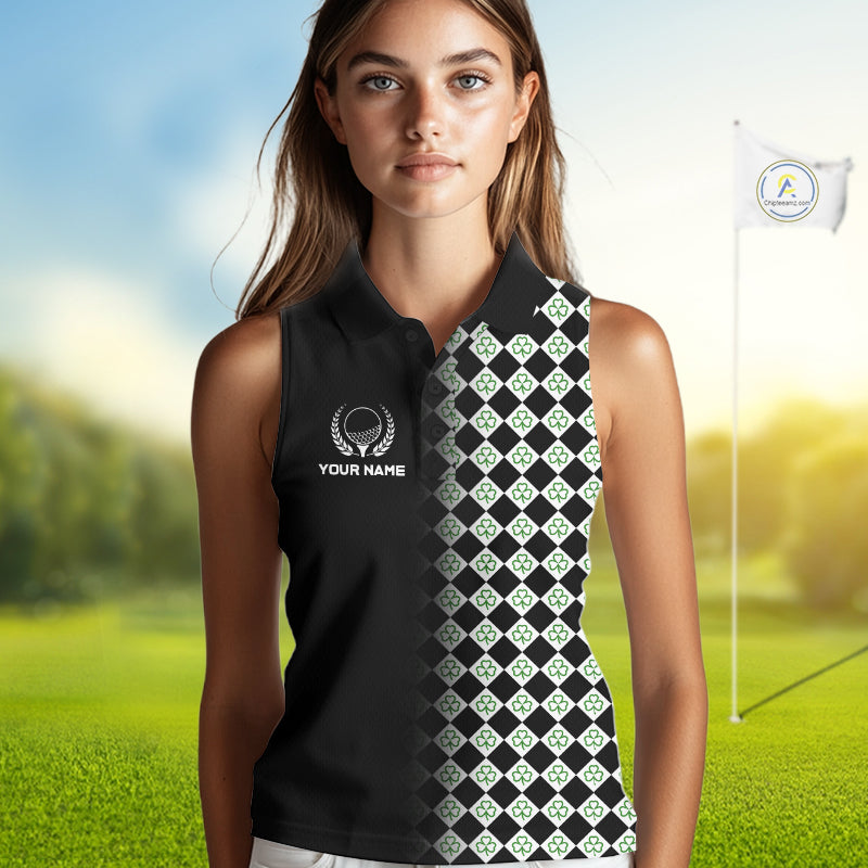 Custom Black & Green Argyle Pattern Shamrock Golf Sleeveless Polo Shirt For Women St Patrick Golf Team Shirt NYN4224
