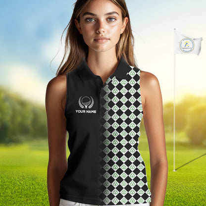 Custom Black & Green Argyle Pattern Shamrock Golf Sleeveless Polo Shirt For Women St Patrick Golf Team Shirt NYN4224