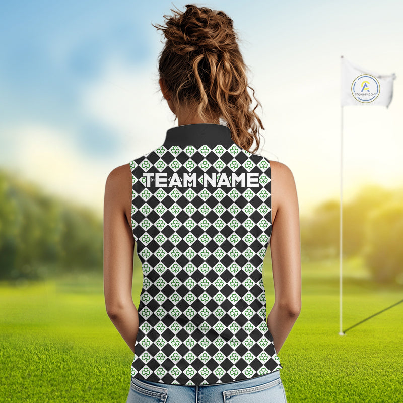 Custom Black & Green Argyle Pattern Shamrock Golf Sleeveless Polo Shirt For Women St Patrick Golf Team Shirt NYN4224