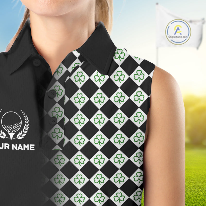 Custom Black & Green Argyle Pattern Shamrock Golf Sleeveless Polo Shirt For Women St Patrick Golf Team Shirt NYN4224