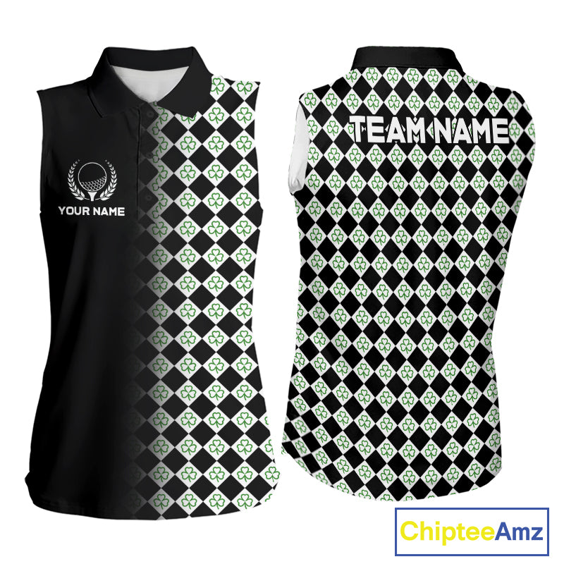 Custom Black & Green Argyle Pattern Shamrock Golf Sleeveless Polo Shirt For Women St Patrick Golf Team Shirt NYN4224
