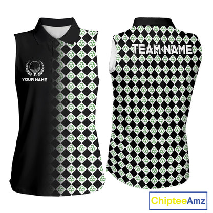 Custom Black & Green Argyle Pattern Shamrock Golf Sleeveless Polo Shirt For Women St Patrick Golf Team Shirt NYN4224