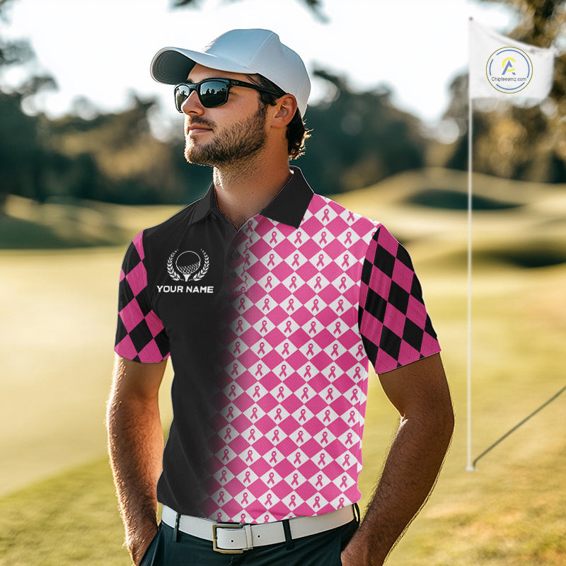 Custom Black & Pink Ribbon Argyle Pattern Golf Polo Shirt For Men Breast Cancer Golf Team Shirt NYN4225