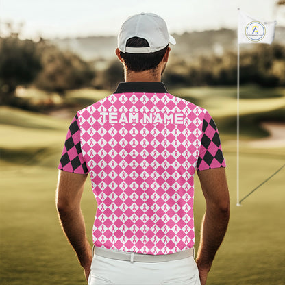 Custom Black & Pink Ribbon Argyle Pattern Golf Polo Shirt For Men Breast Cancer Golf Team Shirt NYN4225