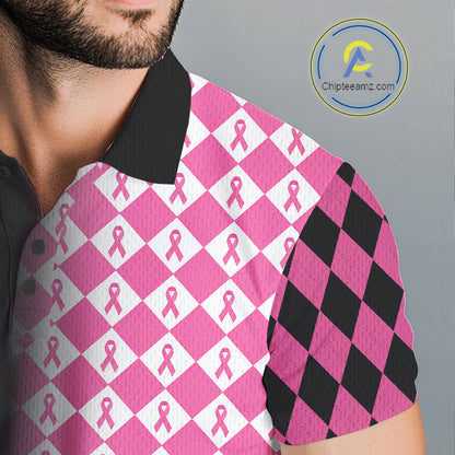 Custom Black & Pink Ribbon Argyle Pattern Golf Polo Shirt For Men Breast Cancer Golf Team Shirt NYN4225