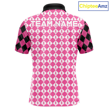 Custom Black & Pink Ribbon Argyle Pattern Golf Polo Shirt For Men Breast Cancer Golf Team Shirt NYN4225