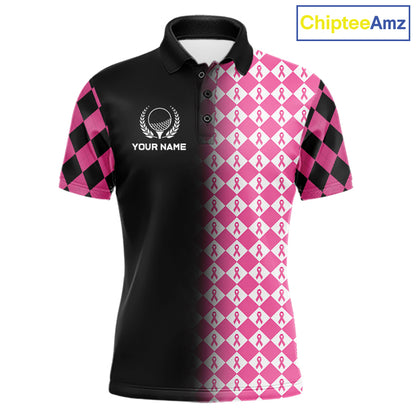 Custom Black & Pink Ribbon Argyle Pattern Golf Polo Shirt For Men Breast Cancer Golf Team Shirt NYN4225