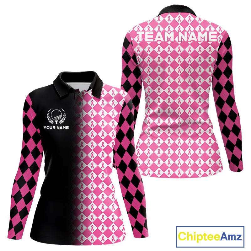 Custom Black & Pink Ribbon Argyle Pattern Golf Polo Shirt For Women Breast Cancer Golf Team Shirt NYN4225