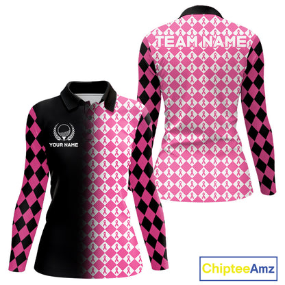 Custom Black & Pink Ribbon Argyle Pattern Golf Polo Shirt For Women Breast Cancer Golf Team Shirt NYN4225