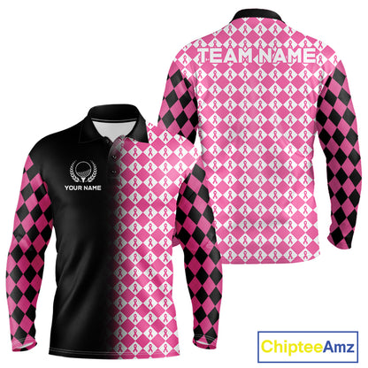 Custom Black & Pink Ribbon Argyle Pattern Golf Polo Shirt For Men Breast Cancer Golf Team Shirt NYN4225