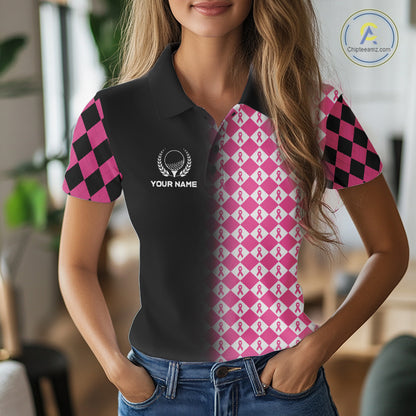 Custom Black & Pink Ribbon Argyle Pattern Golf Polo Shirt For Women Breast Cancer Golf Team Shirt NYN4225