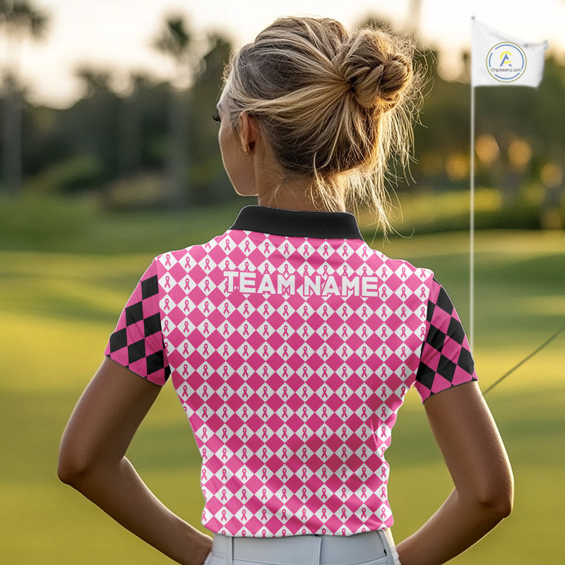 Custom Black & Pink Ribbon Argyle Pattern Golf Polo Shirt For Women Breast Cancer Golf Team Shirt NYN4225