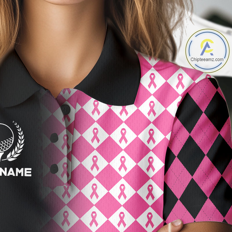 Custom Black & Pink Ribbon Argyle Pattern Golf Polo Shirt For Women Breast Cancer Golf Team Shirt NYN4225