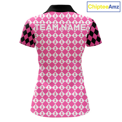 Custom Black & Pink Ribbon Argyle Pattern Golf Polo Shirt For Women Breast Cancer Golf Team Shirt NYN4225